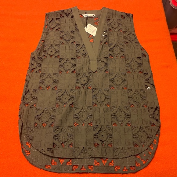 Zara oversized khaki openwork embroidered sleeveless top NWT - Picture 3 of 8